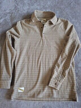 Tracksmith mens XS plaid long sleeve polo shirt beige brown logo pocket